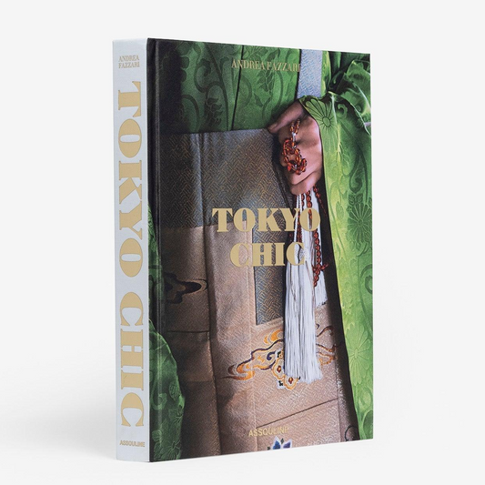 Tokyo Chic" silk hardcover book by Andrea Fazzari, featuring a green kimono and red beaded jewelry.