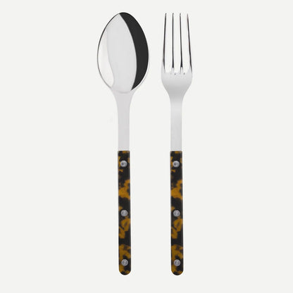 Tortoise Bistro 2-piece serving set: 10.25" 18/10 stainless steel spoon and fork with tortoise acrylic handles.