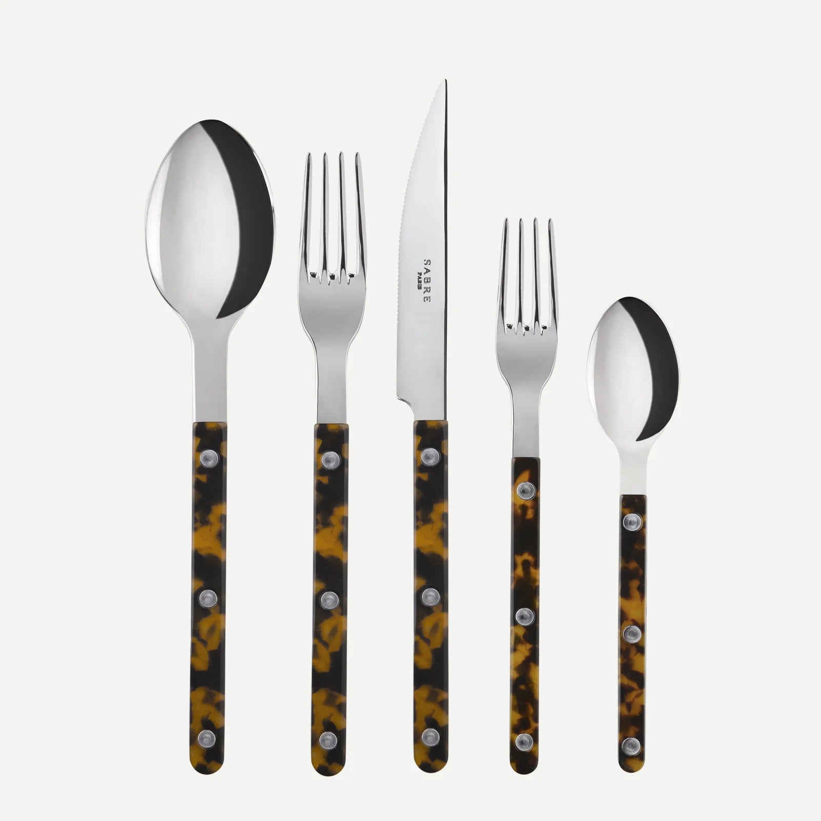 Tortoise Bistro 5-piece flatware set with 18/10 stainless steel and brown tortoise acrylic handles.
