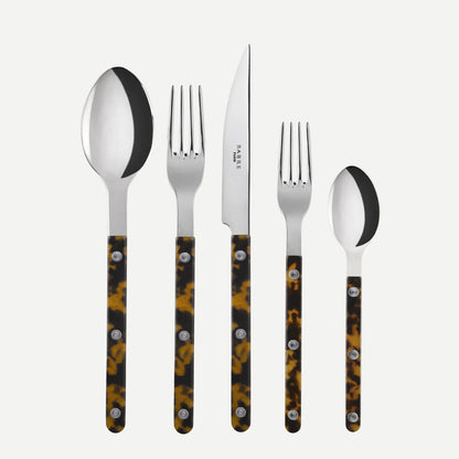 Tortoise Bistro 5-piece flatware set with 18/10 stainless steel and brown tortoise acrylic handles.
