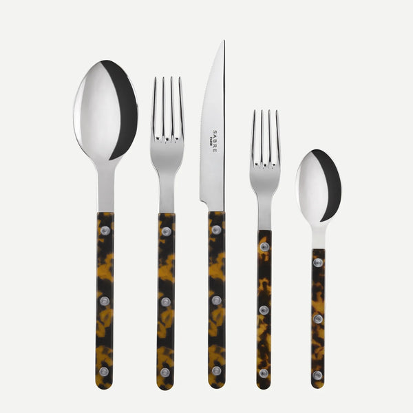 Tortoise Bistro 5-piece flatware set with 18/10 stainless steel and brown tortoise acrylic handles.