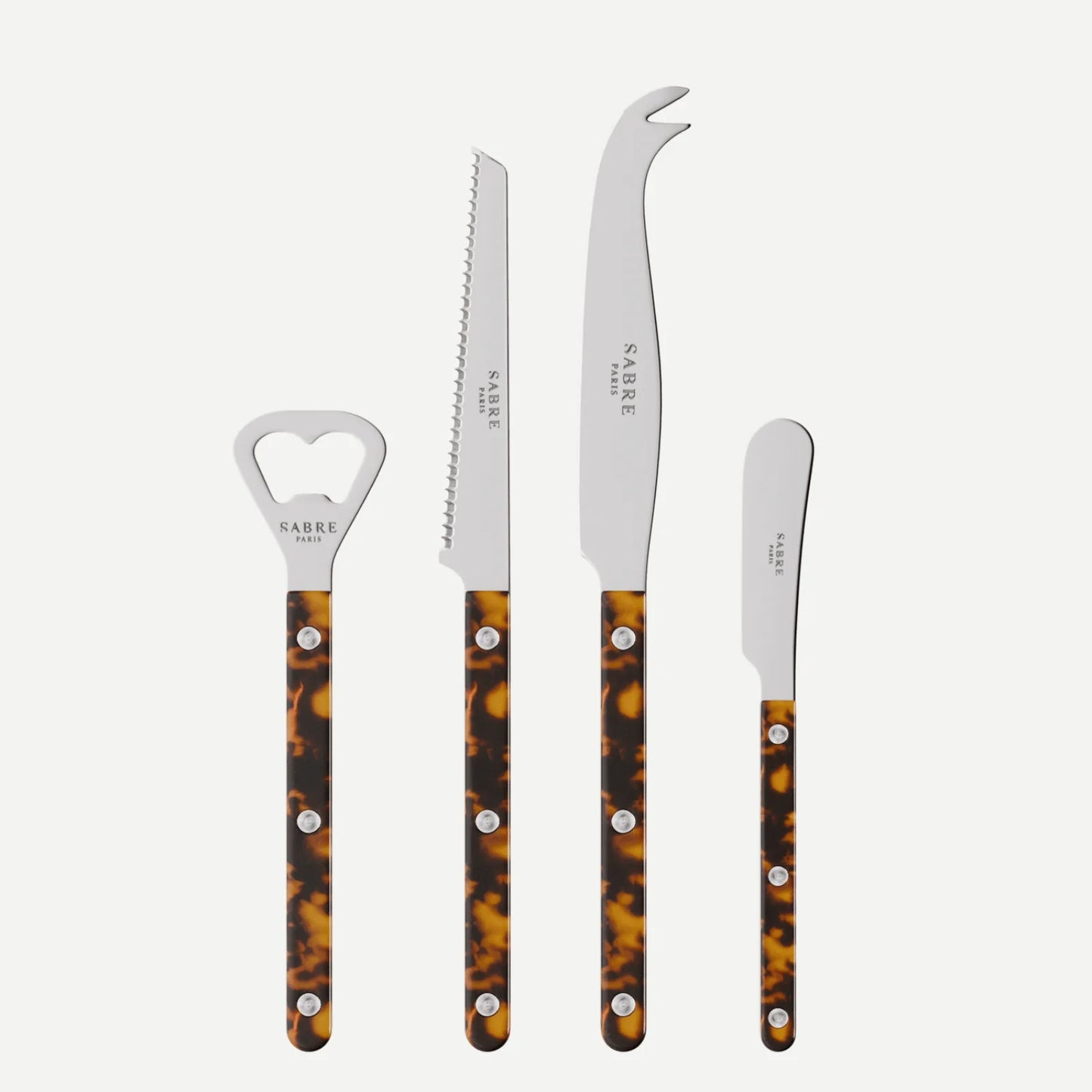 Tortoise Bistro Aperitif Set: bottle opener, tomato, cheese, and butter knives with tortoise-patterned acrylic handles.
