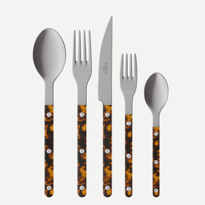 Tortoise Bistro Vintage Finish 5-piece flatware set with stainless steel and acrylic tortoise-patterned handles.