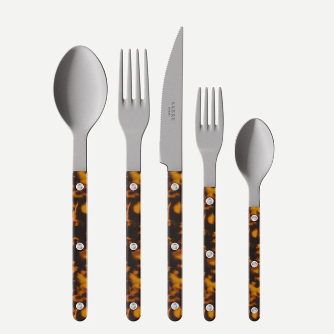 Tortoise Bistro Vintage Finish 5-piece flatware set with stainless steel and acrylic tortoise-patterned handles.