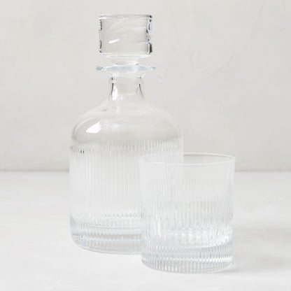 Tratto Ribbed Eco-Crystal Decanter and Old-Fashioned Glass, clear, lead-free, modern design.