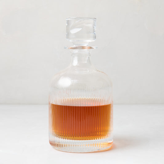 Tratto Ribbed Eco-Crystal Decanter, clear with amber liquid, 25 oz, 5"Dia x 9.1"H.