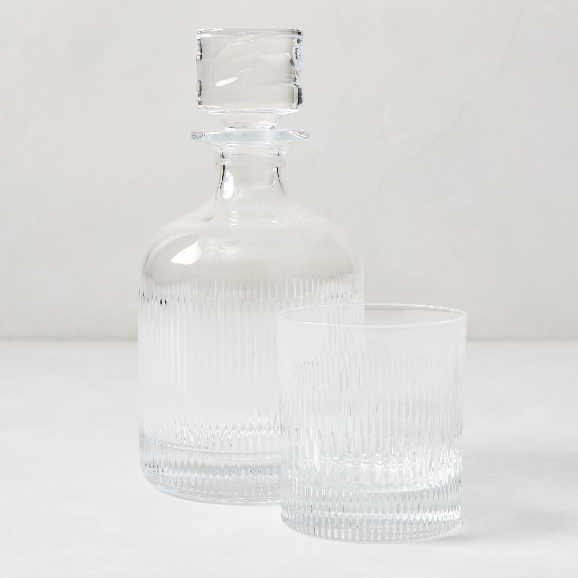 Tratto Ribbed Eco-Crystal Old Fashioned Glass and Decanter set, clear lead-free crystal.