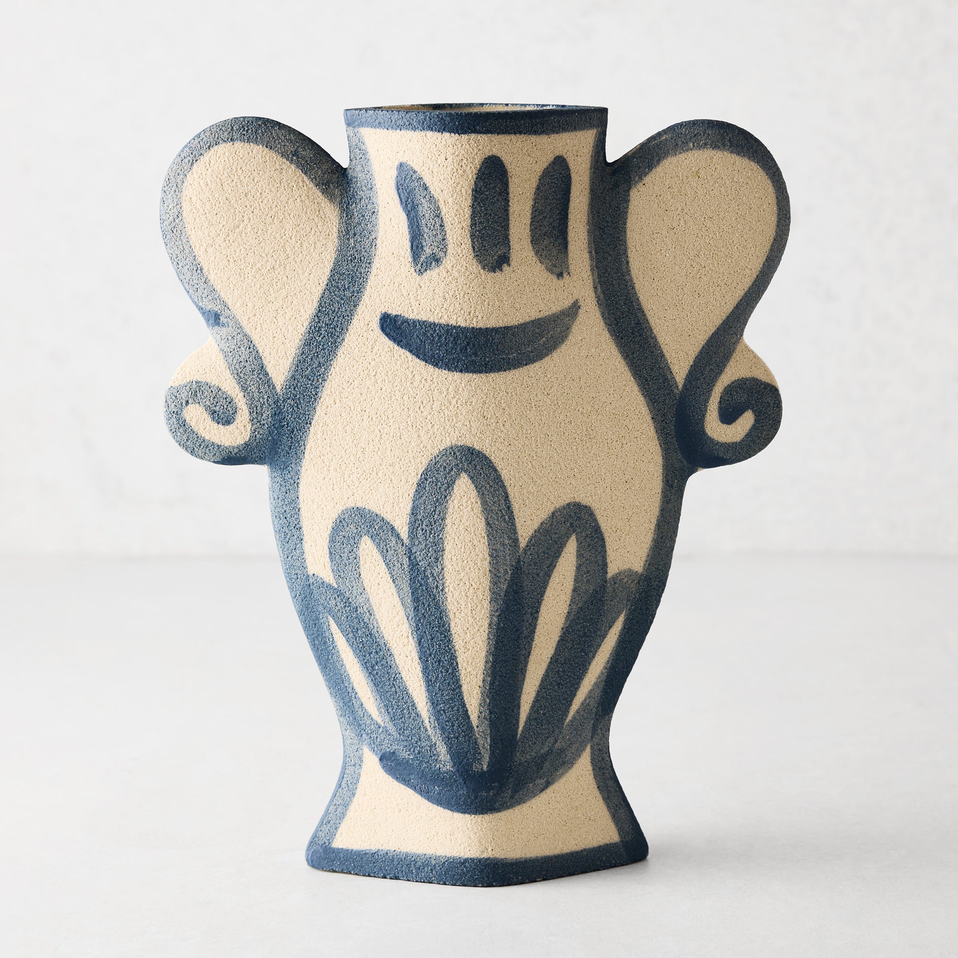 Trompe-L'oeil Floral N2 Krater stoneware vase, raw beige with hand-painted blue Greek-inspired details.