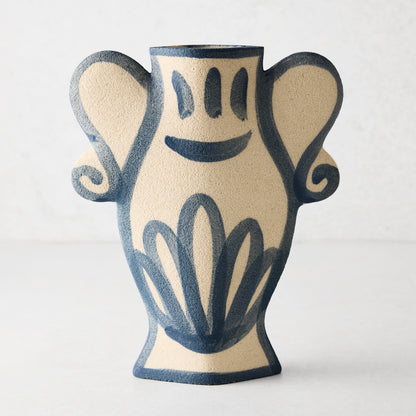 Trompe-L'oeil Floral N2 Krater stoneware vase, raw beige with hand-painted blue Greek-inspired details.