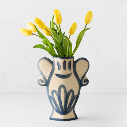 Trompe-L'oeil Floral N2 Krater stoneware vase, raw texture, blue hand-painted Greek-inspired details, yellow tulips.