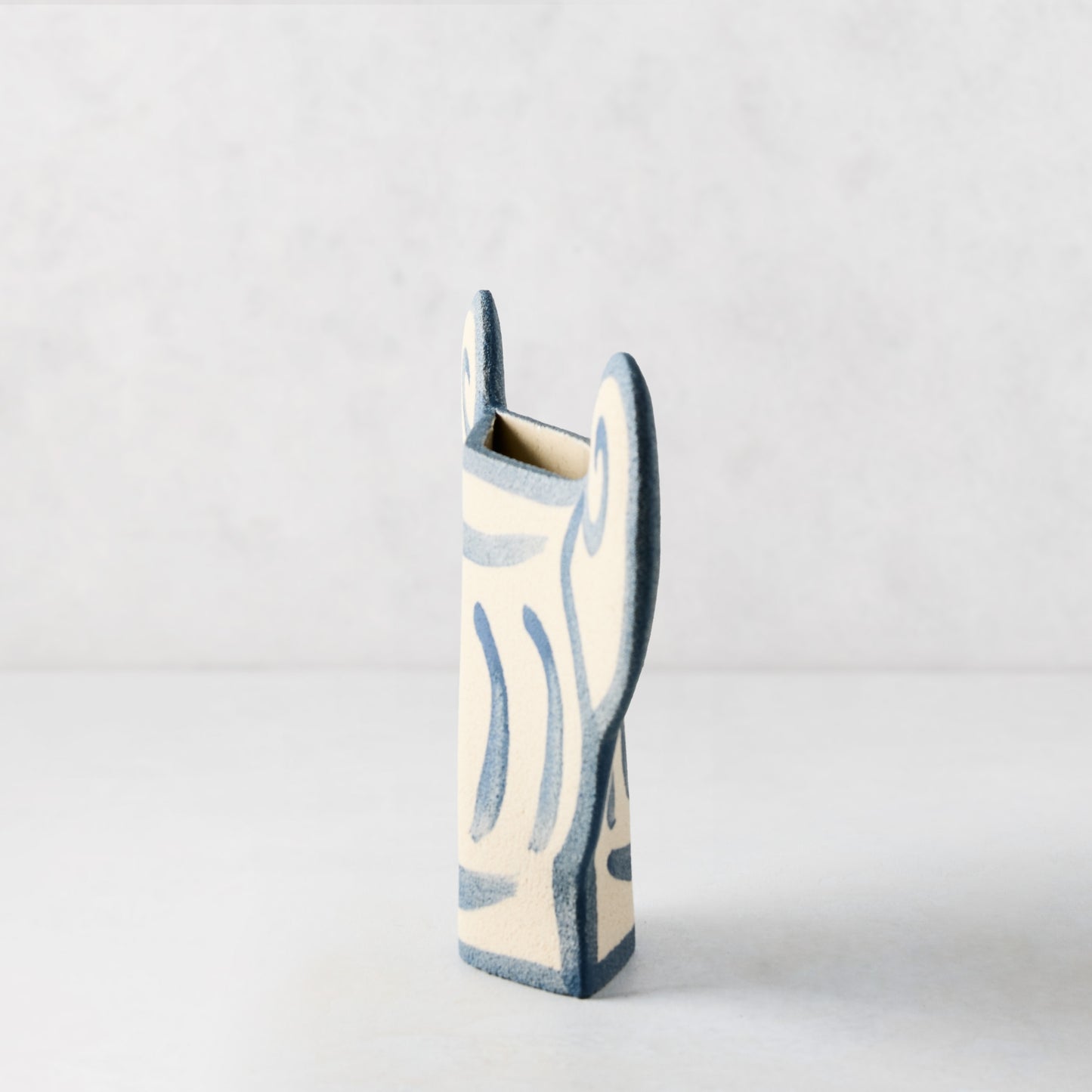 Trompe-L'oeil Greek Coupe Krater stoneware vase, raw texture, hand-painted blue detailing, 8.27"H.