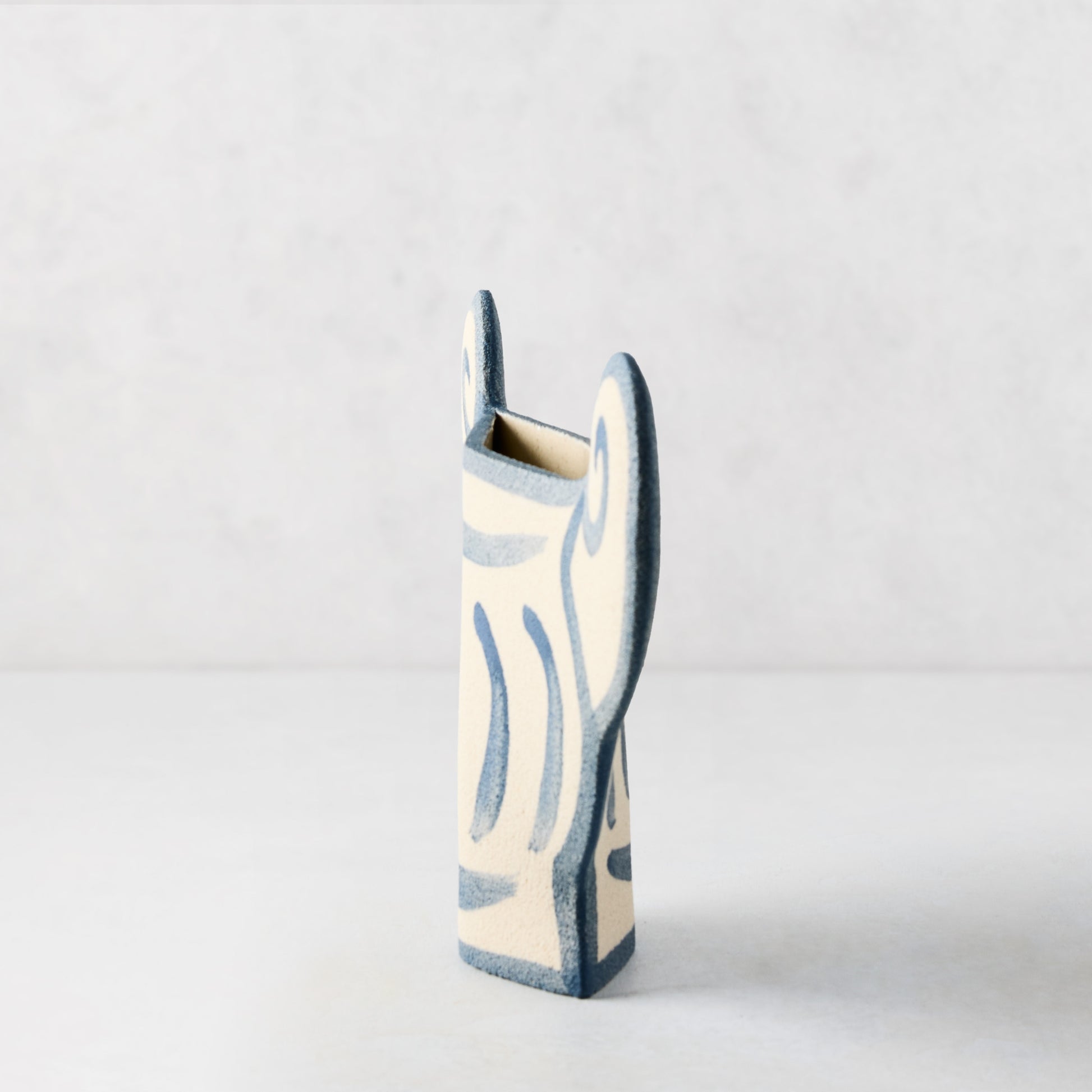 Trompe-L'oeil Greek Coupe Krater stoneware vase, raw texture, hand-painted blue detailing, 8.27"H.