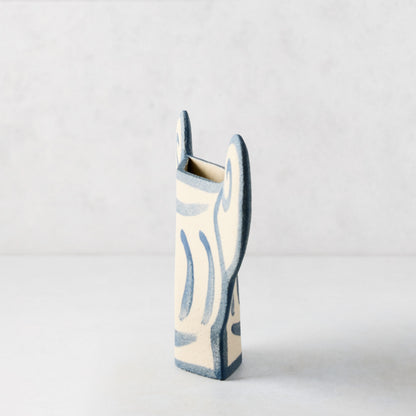 Trompe-L'oeil Greek Coupe Krater stoneware vase, raw texture, hand-painted blue detailing, 8.27"H.