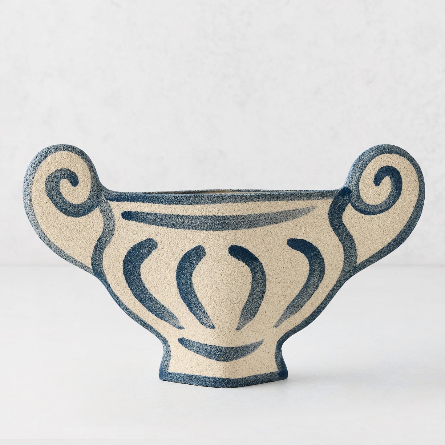 Trompe-L'oeil Greek Coupe Krater stoneware vase with blue hand-painted detailing, 8.27"H.