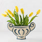 Trompe-L'oeil Greek Coupe Krater Stoneware Vase with blue detailing and yellow tulips.