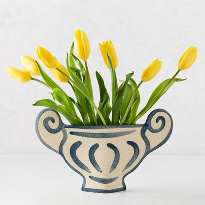 Trompe-L'oeil Greek Coupe Krater Stoneware Vase with blue detailing and yellow tulips.