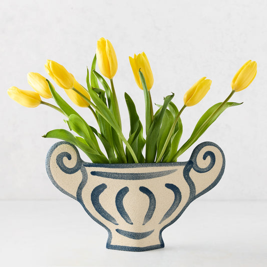 Trompe-L'oeil Greek Coupe Krater Stoneware Vase with blue detailing and yellow tulips.