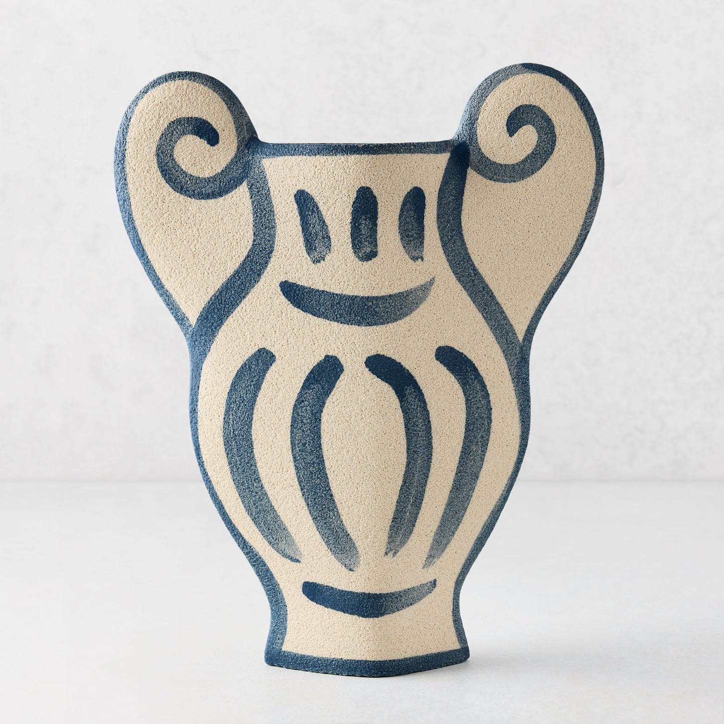 Trompe-L'oeil N1 Krater stoneware vase, raw beige with hand-painted blue Greek-inspired detailing.