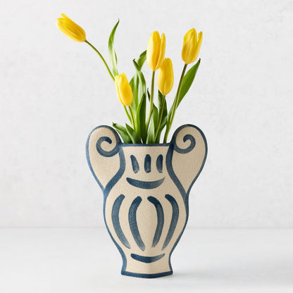 Trompe-L'oeil N1 Krater stoneware vase, 12.6"H, with raw texture and hand-painted blue Greek-inspired detailing, holding yellow tulips.