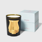 Trudon Abd El Kader Intermezzo scented candle in a dark green glass vessel with a gold emblem, next to a light blue box.