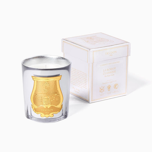 Trudon Cabinet des Miroirs scented candle in a mirrored glass jar with a gold emblem and matching white gift box.