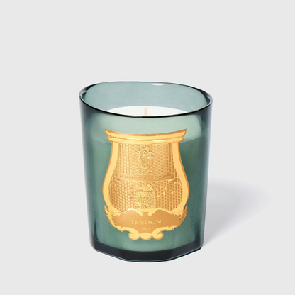 Trudon Figuerie scented candle in a dark teal handmade glass vessel with a gold seal.