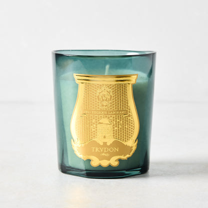 Trudon Figuerie Classic Scented Candle in a teal handmade glass vessel with a gold seal.