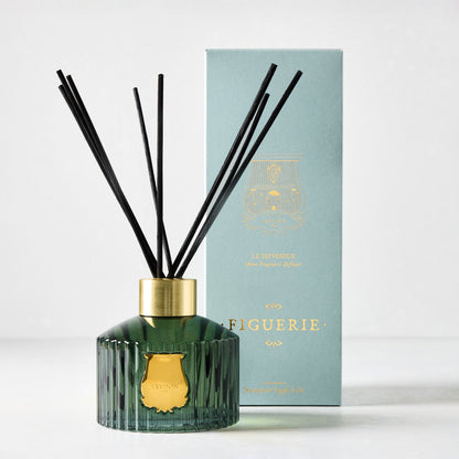 Trudon Figuerie reed diffuser: fluted dark green glass, gold neck, black rattan sticks, light blue box.