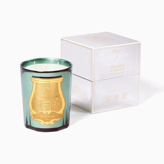 Trudon Fir Intermezzo scented candle in a celadon glass vessel with a gold emblem and matching white gift box.