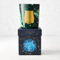Trudon Holiday Edition Fir Classic Scented Candle in a dark green glass vessel with gold label, on a matching navy blue box with celestial design.