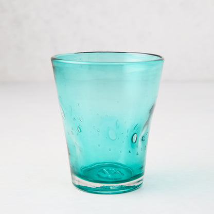 Turquoise Henri mouth-blown glass, 8 oz, with unique air bubbles and asymmetry.