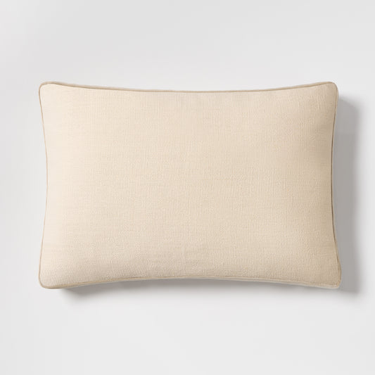 Khaki lumbar pillow in Belgian linen and velvet with a gusseted edge, 20x14 inches.