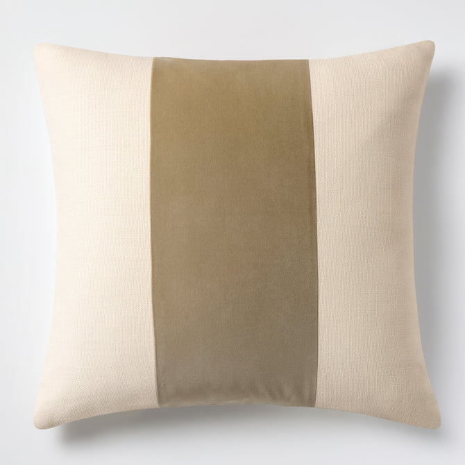 20x14 inch khaki linen pillow with a wide central velvet stripe and subtle flange detail.