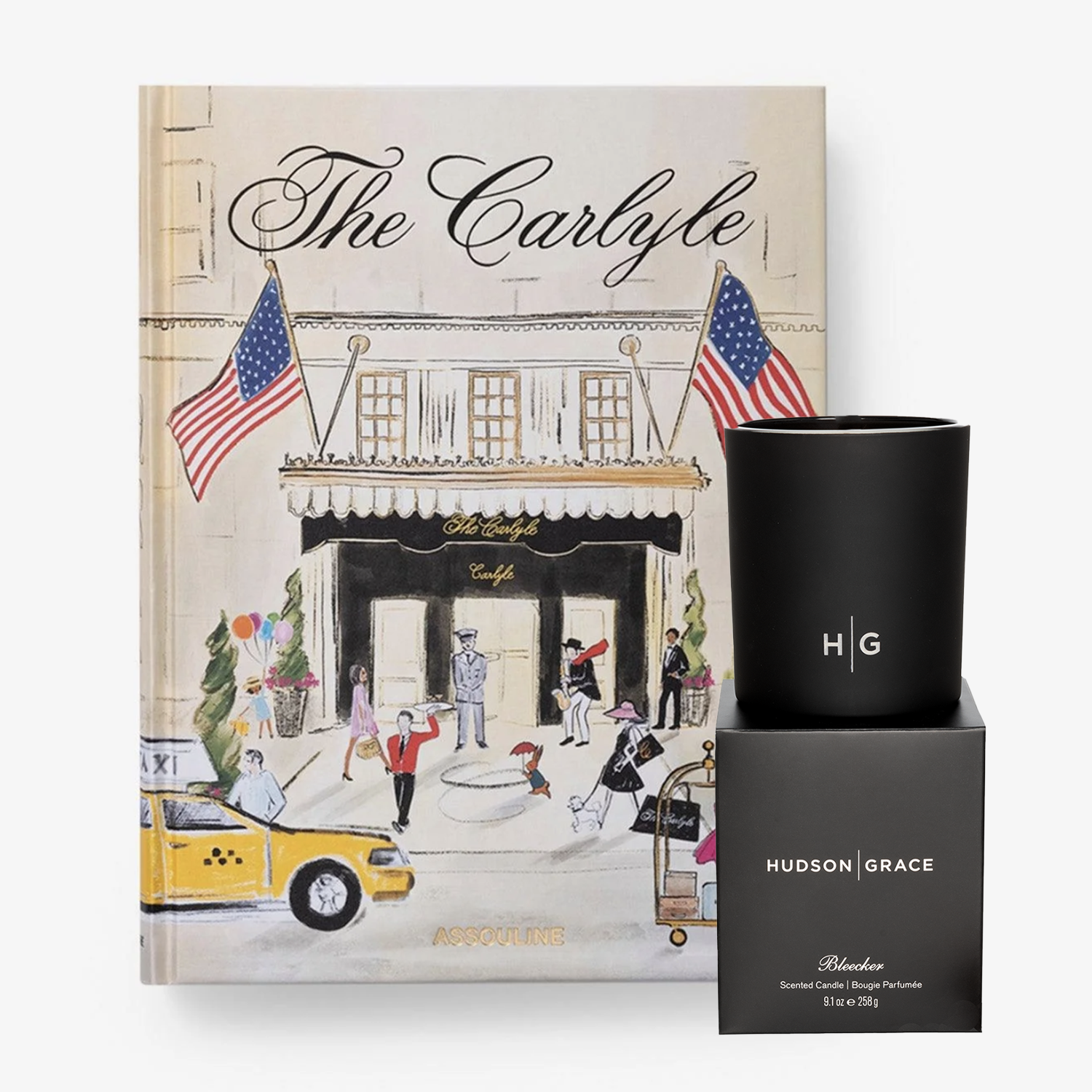 The Carlyle book with illustrated cover and a black Hudson Grace Bleecker candle and box.