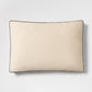 20x14 inch lumbar pillow in beige Belgian linen with gray velvet gusset trim and flange detail.