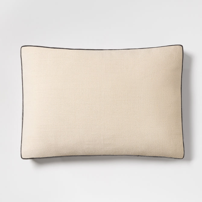 20x14 inch lumbar pillow in beige Belgian linen with gray velvet gusset trim and flange detail.