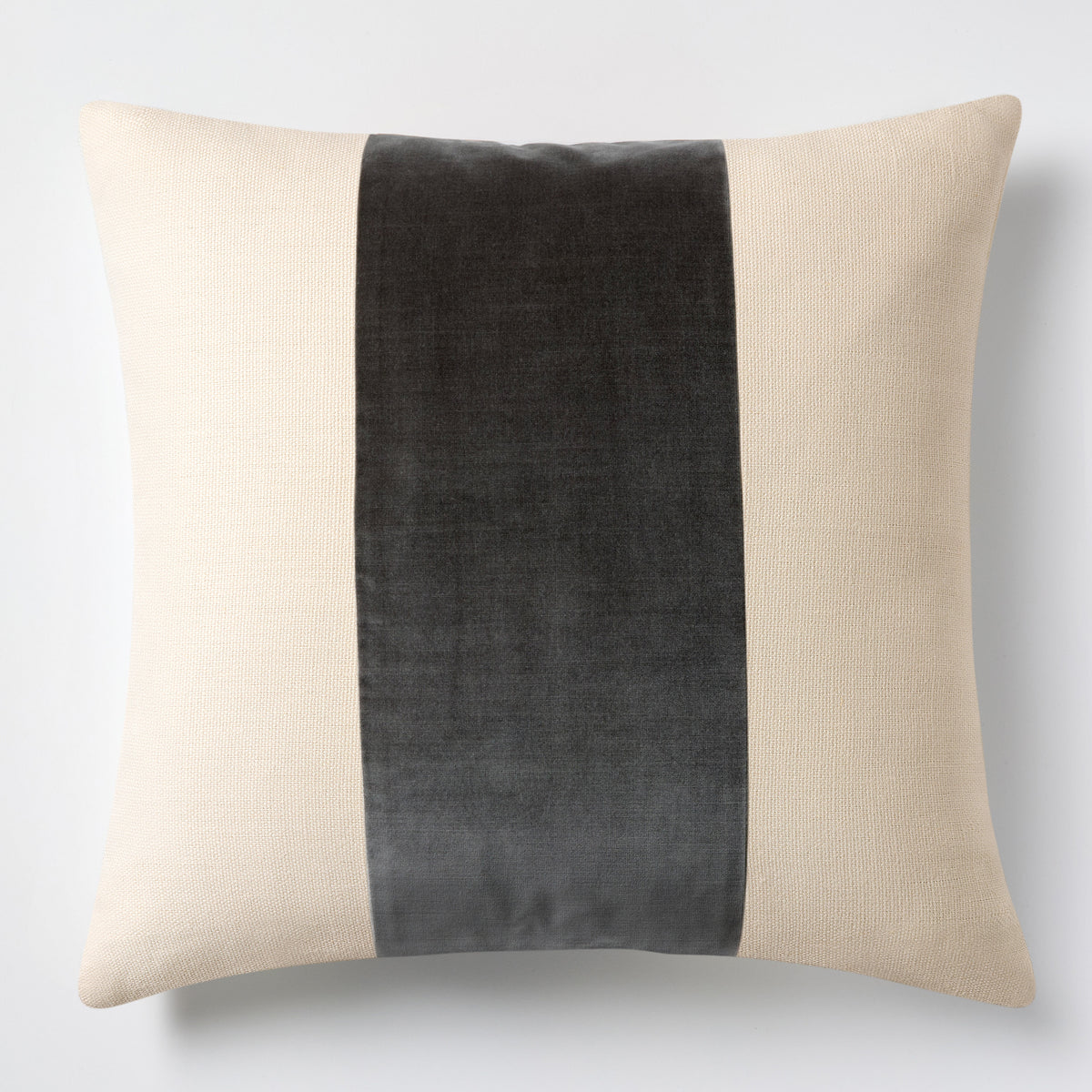 Urban gray velvet and beige linen throw pillow with a wide center stripe and flange edge, 20 by 14 inches.