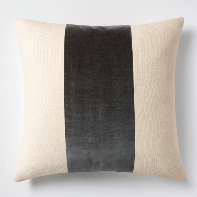 Urban gray velvet and beige linen throw pillow with a wide center stripe and flange edge, 20 by 14 inches.