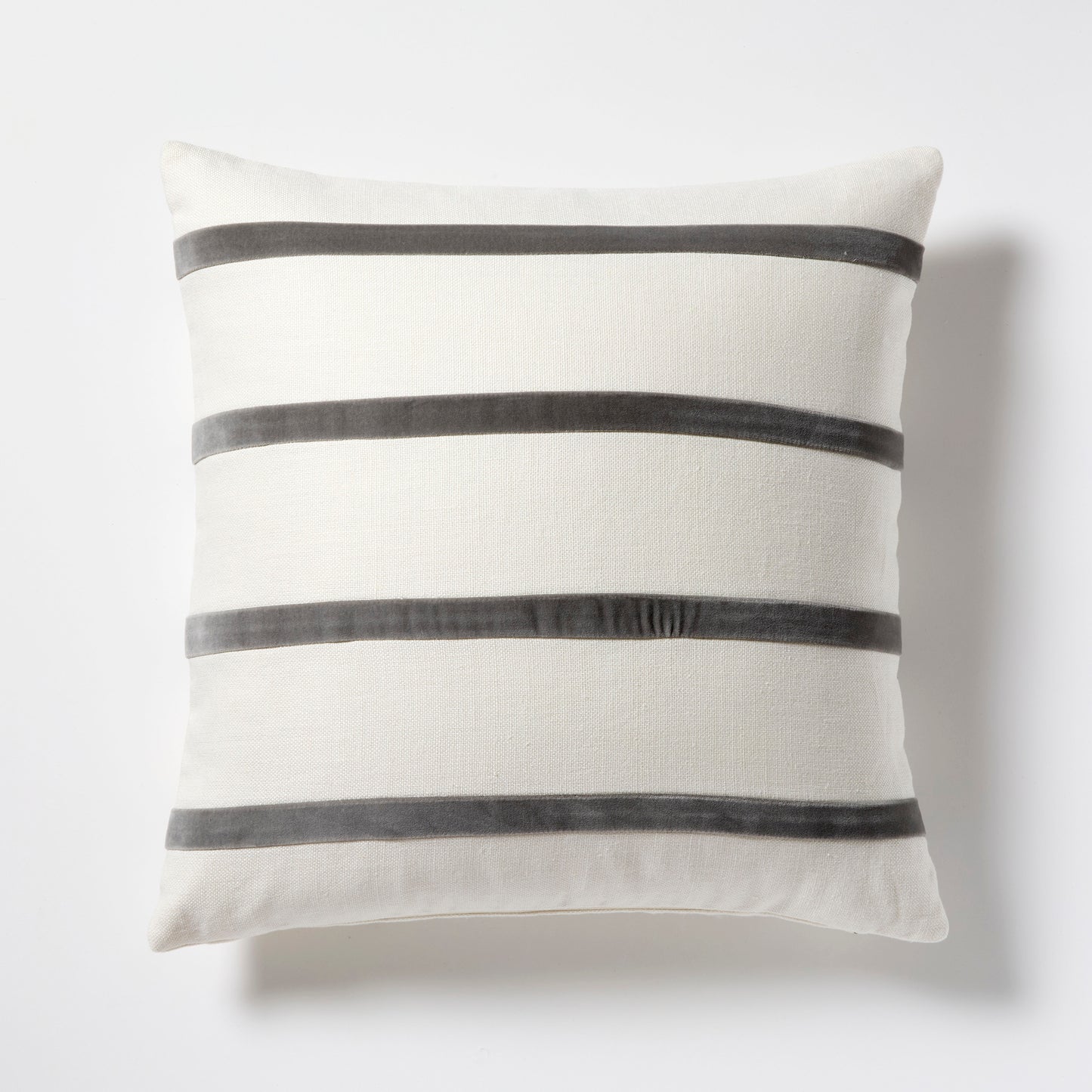 22" square ivory linen pillow with horizontal urban grey velvet stripes.