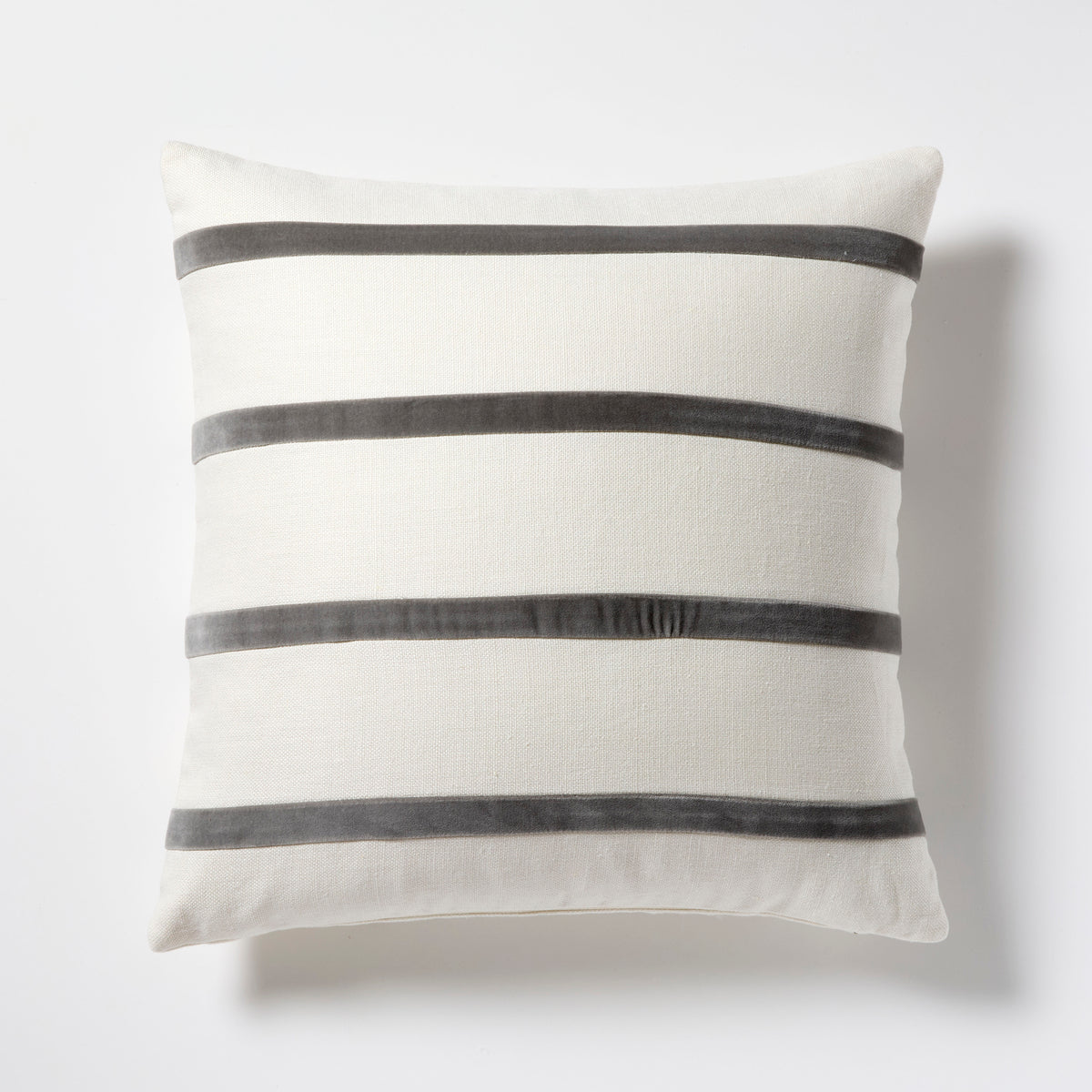 22" square ivory linen pillow with horizontal urban grey velvet stripes.