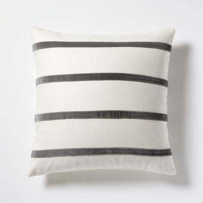 22" square ivory linen pillow with horizontal urban grey velvet stripes.