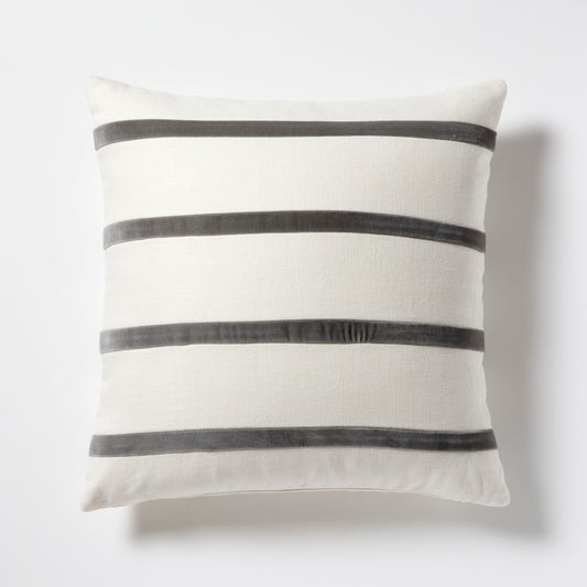 22" square ivory linen pillow with horizontal urban grey velvet stripes.