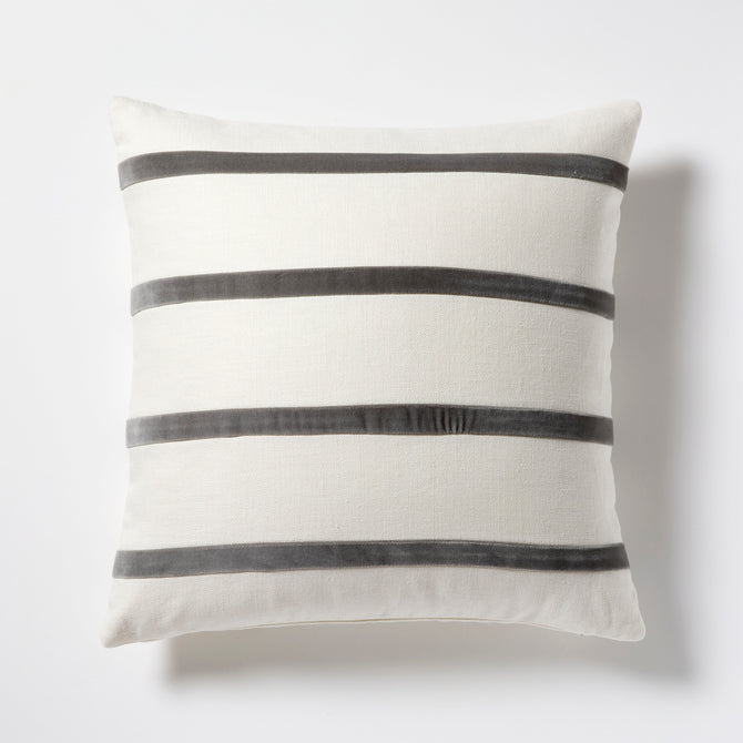 22" square ivory linen pillow with horizontal urban grey velvet stripes.