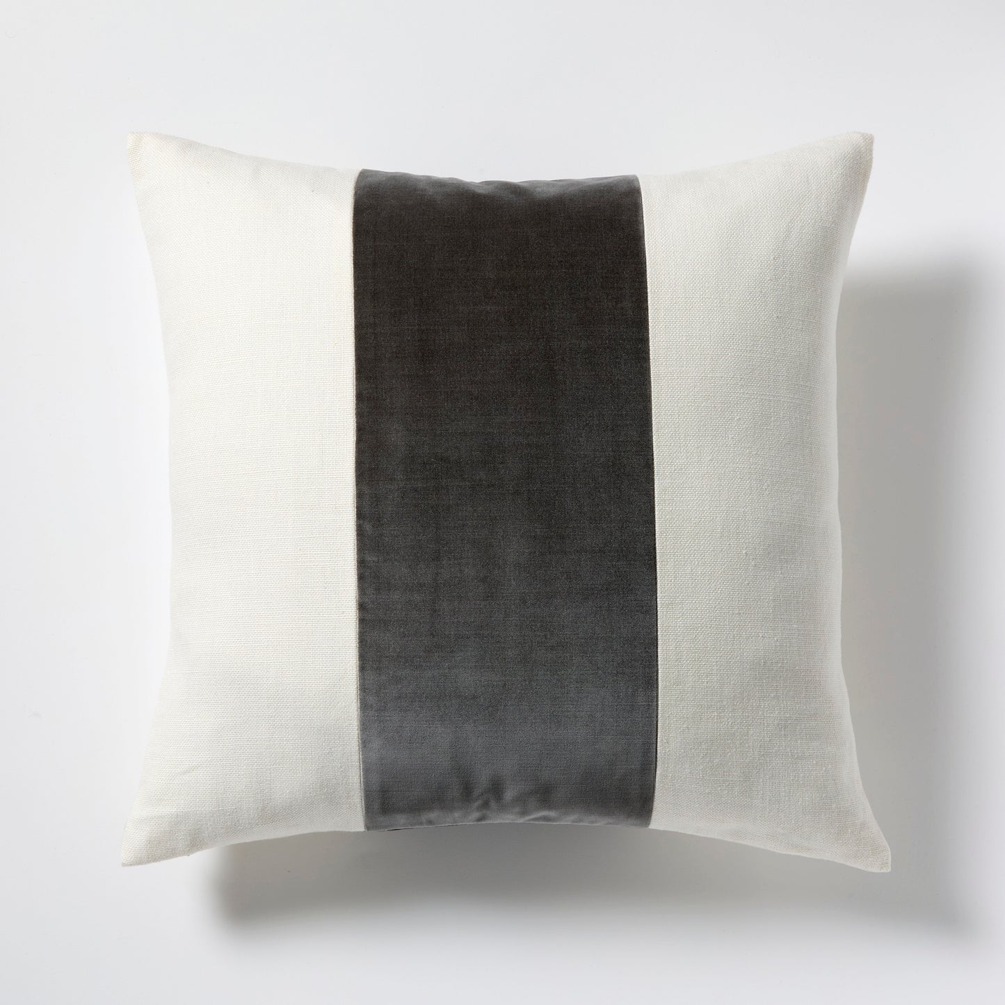 Urban Grey Wide Velvet and Linen Stripe Pillow, 22" square, cream Belgian linen with dark grey velvet stripe.