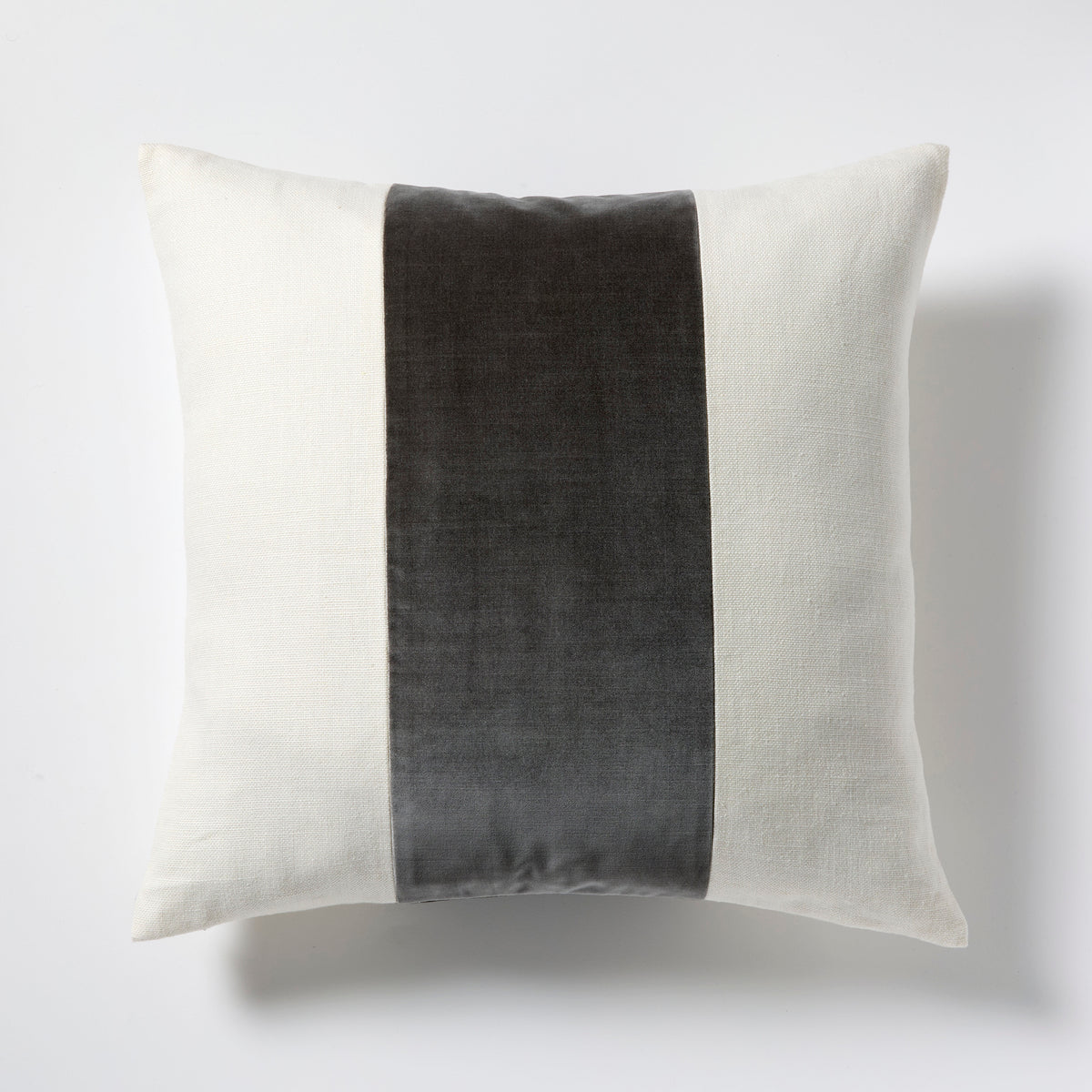 Urban Grey Wide Velvet and Linen Stripe Pillow, 22" square, cream Belgian linen with dark grey velvet stripe.