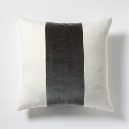 Urban Grey Wide Velvet and Linen Stripe Pillow, 22" square, cream Belgian linen with dark grey velvet stripe.