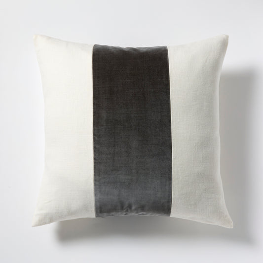 Urban Grey Wide Velvet and Linen Stripe Pillow, 22" square, cream Belgian linen with dark grey velvet stripe.