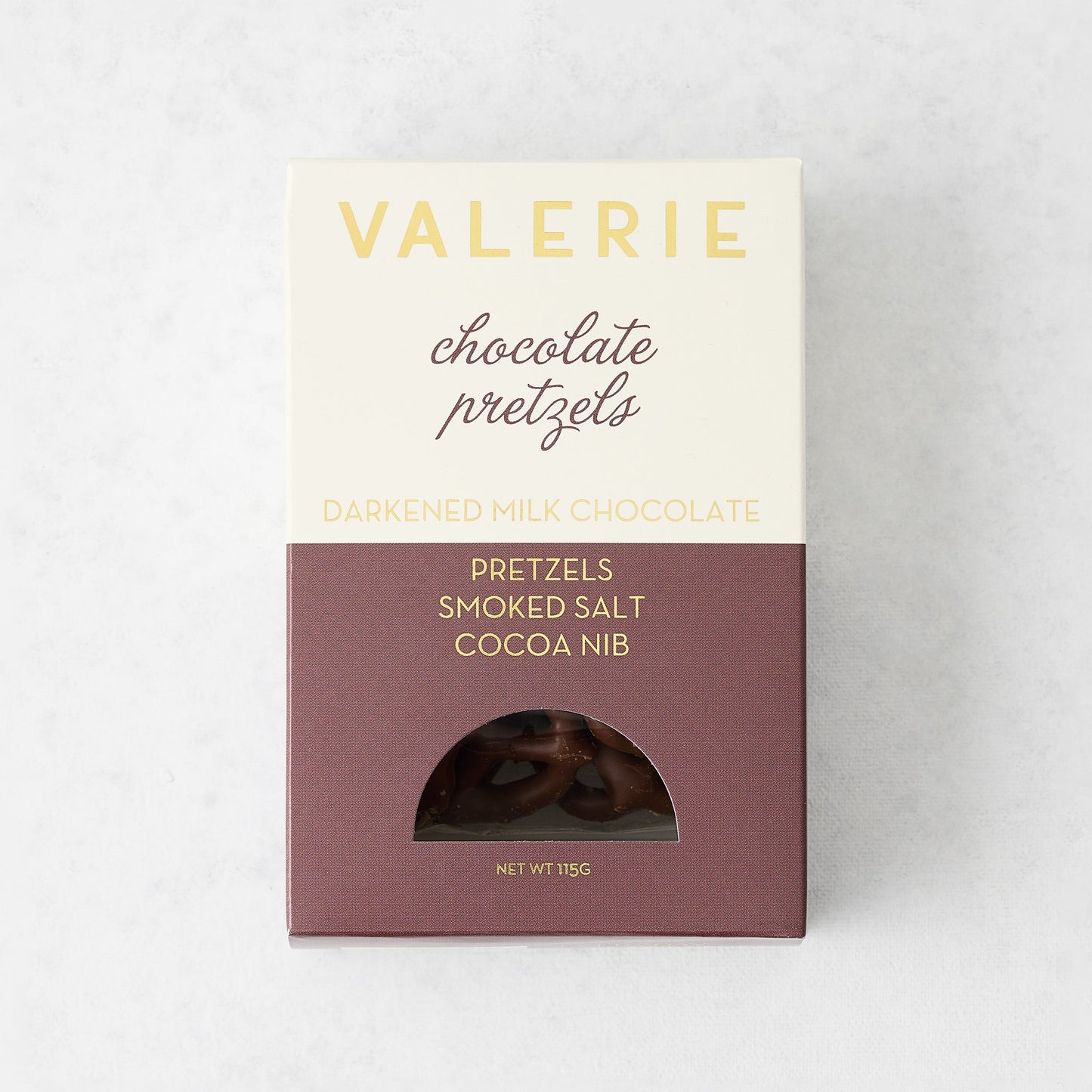 Hudson Grace Valerie chocolate covered salted pretzels in a branded box with smoked salt and cocoa nibs