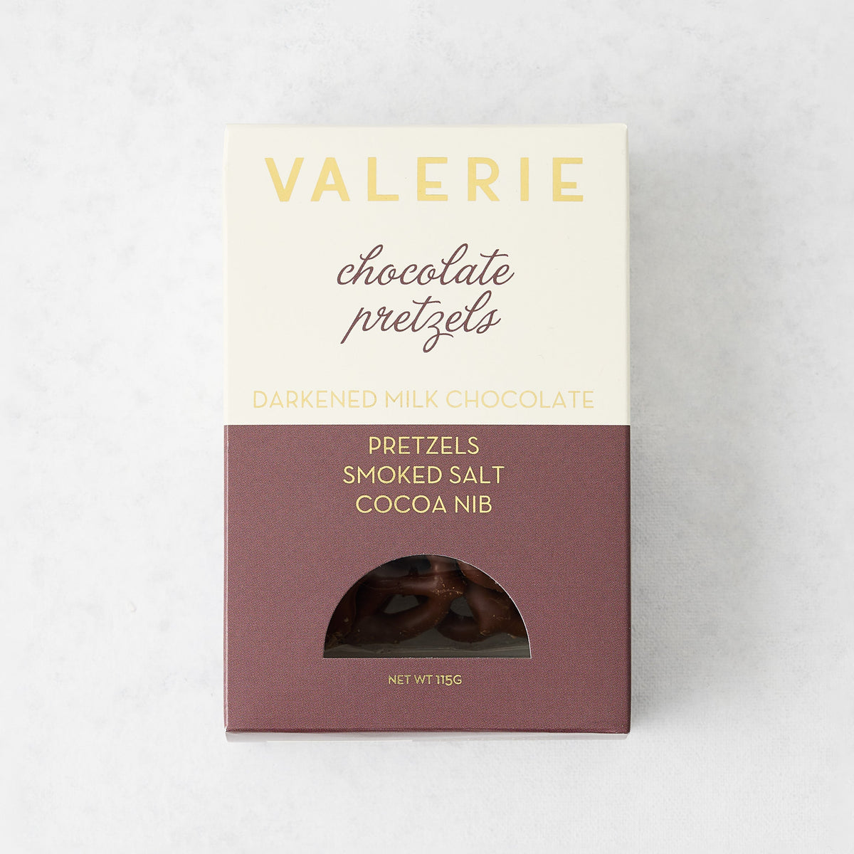 Hudson Grace Valerie chocolate covered salted pretzels in a branded box with smoked salt and cocoa nibs