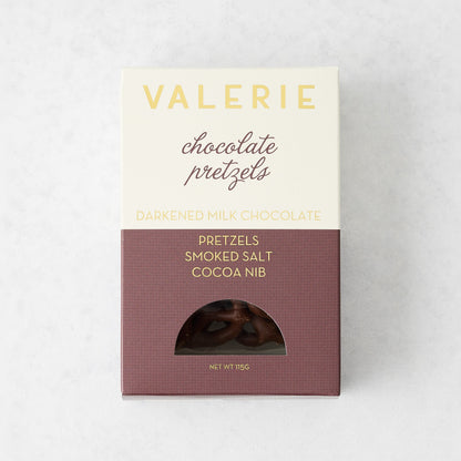 Hudson Grace Valerie chocolate covered salted pretzels in a branded box with smoked salt and cocoa nibs